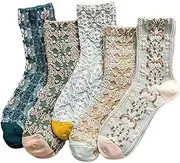 [Hemore] Womens Patterned Socks, 5 Pairs Embroidered Floral Socks, Vintage Pattern Socks, Soft Casual Socks for Early Spring, Autumn and Winter