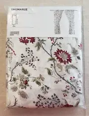 Ikea INGMARIE Red Gray Olive Floral Breezy Set of 2 Curtain Panels 57” x 98”