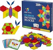 Pattern Blocks -155 Wooden Pieces Multicolored Tangrams for Kids Ages 3 to 8 with 24 Design Cards for Kindergarten and Montessori Education Program