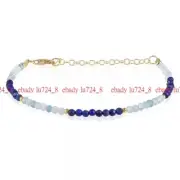 Aquamarine & Lapis Lazuli Faceted Round Gemstone Beads Women Bracelets 7.5" 3mm