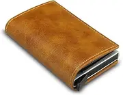 [EZONEDEAL] Credit Card Holder for Men Leather Card Wallet RFID Blocking Pop Up Metal Bank Card Case with 3 Slots for Cards & Notes (Dark Brown)