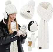 [URATOT] Women Winter Beanie Hat Scarf Gloves Ear Warmer 4 in 1 Set Beanie Pompom Hat Touchscreen Gloves Long Scarf Ear Warmer