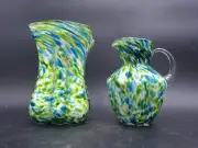 Art Glass Porcelain Green Large Pitcher 10” Blue Aventurine and Vase