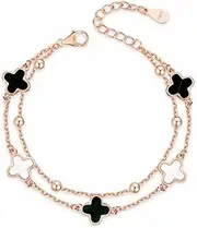 [MGFESIO] Double Layered 4 Leaf Clover Bracelet, S925 Silver 18K Rose Gold Plated & Adjustable - Clover Charm Bracelet Jewelry for Women