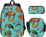 Animals Sea Turtles Backpacks With Lunch Pack Pencil Case, Lightweight Bookbag For Camping Excursions, Black, One Size, Art Deco