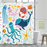 Kids Ocean Shower Curtain, Cartoon Cute Whale Octopus Starfish Crab Sealife