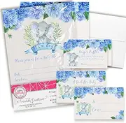 Amanda Creation Baby Shower Invites for Boys – Dahlia Floral Elephant Baby Shower Invitation Bundle with Diaper Raffle Tickets, Book Request Cards & Envelopes. Set of 20 5X7 Blue Invitation Kit Sets