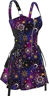 [FEAPHY] Women's Gothic Dress Galaxy Sun Star Sleeveless Zip Front Lace Up A-Line Mini Dress