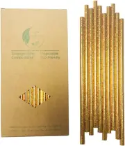 Gold Foil Paper Straws for Drinking, 100 Pcs Extra Durable Metallic Gold Drinkin