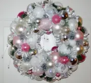 BEAUTIFUL WHITE, SILVER , PINK CHRISTMAS ORNAMENT WREATH ONE OF A KIND HANDMADE