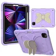 For Apple iPad Pro 11 2022 /2021 /2020 / 2018 iPad Air 4 2020 / iPad Air 5 2022 Butterfly Fancy Shockproof Heavy Duty Kickstand Case Cover With Pencil Holder (Purple)