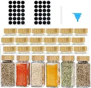 Yuroochii 24 Glass Spice Jars with Label, 120ml Square Seasoning Bottle with Bamboo and Wood Cap Set, Spice Bottles Funnel, Empty Spice Jars and Shaker Lids Spice Containers