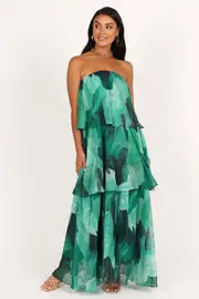[PUP3] Bloom Strapless Maxi Dress - Green Floral XS Green