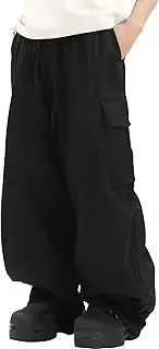 [FEOYA] Mens Elastic Waist Cargo Trousers Work Combat Pants with Multi Pockets Cargo Joggers Casual Loose Baggy Pants Hip Hop Streetwear Retro Fashion Solid