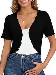 [AFVETUT] Women Summer Short Sleeve Shrug Cropped Wave Edge Open Front Capes Lightweight Bolero Shrug Cardigan