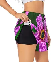 [GaxfjRu] Polka Dot Pink Flower Print Women's Running Shorts High Waisted Running Shorts Pocket Sporty Gym Elastic Short