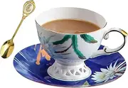ACMLIFE Tea cup and Saucer Set Royal Garden Style Tea Coffee Cup with Saucer 7 Ounces Bone China Teacup and saucer Set(1, Blue and White)