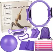 Elara Fit Home Pilates Kit for Women Purple Pilates Equipment Ring and Ball Set Magic Circle Hoop with 5 Resistance Bands Compact Toning Fitness Essentials Starter Set Accessories