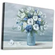 Vintage Flowers Canvas Wall Art Blue 28L" x 20W" Vintage Blue White Flowers