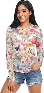 [ODAWA] Floral Colorful Flowers Butterflies Long Sleeve Mesh Shirt Mesh Crop Tops for Women Girls