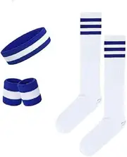 5 Pcs Striped Headband Wrist Sweatbands Sock Combination Set Including 1 Pcs Sports Headband + 1 Pair Wrist Sweatbands + 1 Pair Sport Sock for Women Men Gym Workout Yoga Soccer Running