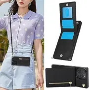 MRRSIWEI for Apple iPhone 16 Pro Max Crossbody Wallet Case with Card Holder, PU Leather Removable Lanyard Zipper with Kickstand Case Cover for iPhone 16 Pro Max.Bag Black