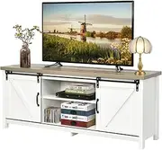 Giantex TV Stand for 65” Television, TV Bench Ark w/Sliding Barn Door, 2 Center Compartments & 2 Cabinets, Wooden TV Cabinet, Wooden Entertainment Unit Stand, TV Console Storage Table Cabinet (White)