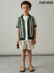 Reiss Green Carrington 3-9 yrs Cotton Crochet Stripe Cuban Shirt (AT5425) | $80