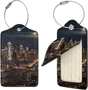 [STVYUKL] City Seattle Luggage Tags 2 Pcs for Suitcase Waterproof Leather Suitcase Tags Privacy Cover Name Id Label and Metal Loop Baggage Tags for Women Men Travel