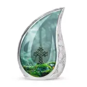 Mossy Cross Solace Small Urn - TearCremation Urn - Metal Urn For Ashes Adult