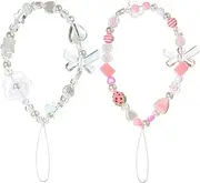 LEIFIDE 2 Pcs Phone Charms Strap Beaded Pink Cute Aesthetic Love Lanyard Wrist Strap Beaded Phone Keychain Charm for Women Girl Gifts (Heart)