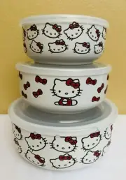 HELLO KITTY Red Bows Ceramic Covered Nesting Bowls With Lids 3pc Set NWT