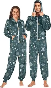 [Joisal] Snowflakes on Green Checkered Adult Pjs Onesie with Zipper Adult Onesies, Adult Pajamas Women Small, Christmas Snowflake Green, Small