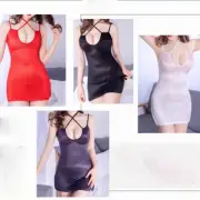 Lady Sheer Mesh Dress Halter Low Cut Micro Shiny See Through Sexy Party Club