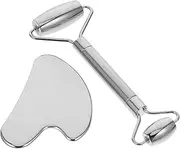 HEATSHAKING 1 Set Reusable Stainless Steel Massage Tool with Roller and Scraping Board for Facial and Neck Muscle Relief Skin Massager for and Home Use