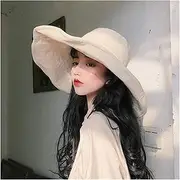 [TOMYEUS] Sun Hats Sun Hat Spring and Summer Breathable Cotton and Linen Sunscreen Hat Women's Foldable Large-Brimmed Wide-Brimmed Beach Hat Beach Cap (Color : Beige)