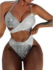 [Generic] Women’s Sexy Liquid Metallic Rainbow Bikini Sets Glitter String Halter 2 Pieces Swimsuit Beachwear Swimwear