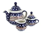 Blue Rose Polish Pottery Stars & Stripes Three Piece Tea Set