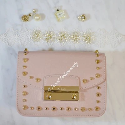 NEW Furla Pink Pastel Metropolis Bolero Julia Gold Stud Leather Crossbody Bag