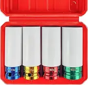 WETT 4Pcs 1/2 inch Lug Nut Socket Set,Drive Wheel Protector Thin Wall Deep Impact Socket Set,6 Point,Metric,17mm,19mm,21mm,22mm,Plastic Sleeve Lug Nut