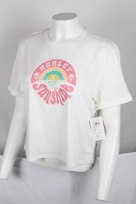 Hurley Women's Cropped T Shirt Short Sleeve Rolled Cuff White Marshmallow
