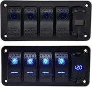 LED Rocker Switch Panel with Digital Voltmeter 4.2A Dual USB Port 12V Outlet Charging Switch Panel ，Compatible for Car Marine Boat