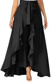 [OSNICA] Solid Ruffled Wrap Maxi Skirt with Attached Casual Palazzo | Rayon Ruffle Palazzo Pants Flare Skirt,Loose Pants Skirt Wide Leg Trousers