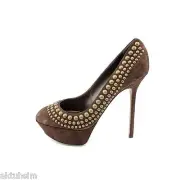SERGIO ROSSI Suede Studded Brown Platform Pump 9-9.5 EU 39.5, NIB