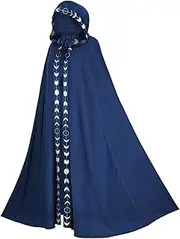 Wizard Cloak 58 in Long Hooded Flower Brim Halloween Cloak Adult Renaissance Medieval Drawstring Black Cape Unisex Gothic Wizard Robe for Christmas Masquerade Blue L-XL