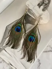 Latoir Fashion Bohemian Gold Peacock Feather Drop Dangle Statement Earrings