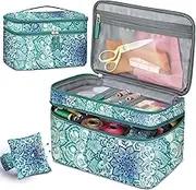 FINPAC Sewing Accessories Storage and Organizer Case, Double-Layer Sewing Kits Carrying Bag with Wrist Pin Cushion for Threads, Needles, Embroidery Floss Supplies, Felting Kits (Emerald Illusions)