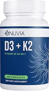 eNUVIA D3+K2 - Vitamin D3 K2 Supplement for Women and Men - 60 Veggie Capsules - with Bioperine Black Pepper Extract - Supports Maximum Calcium Absorption and Heart and Bone Health - Made in The USA