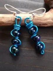 UNIQUE DARK BLUES AURORA STACKED BEADS/PEACOCK BLUE WIRE WRAP EARRINGS