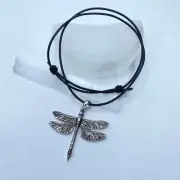 Dragonfly & Garnet Boho Silver Necklace On Leather Cord